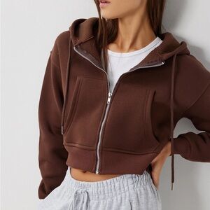 Forever 21 size M Brown Cropped Hoodie, long sleeve, full front silver zip up